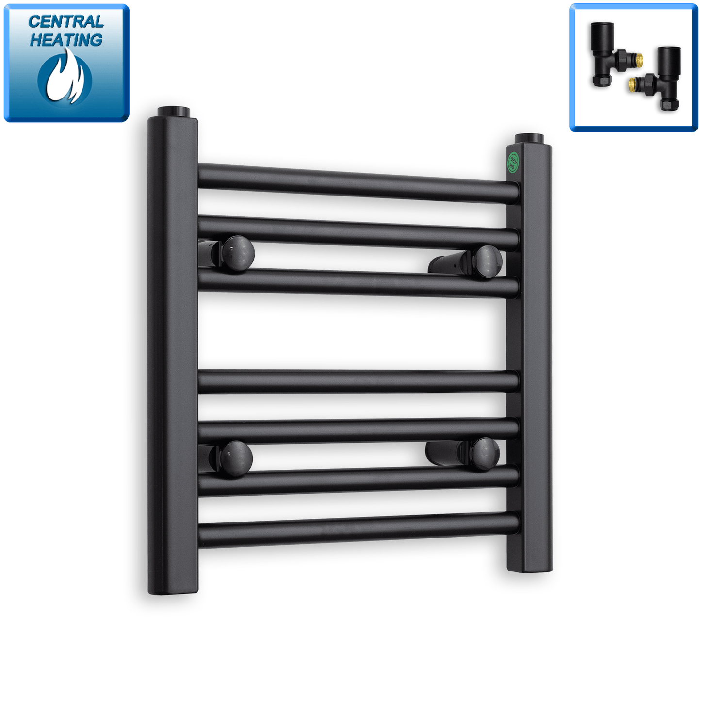 With Angled Valve 400mm Wide 400mm High Flat Black Heated Towel Rail Radiator