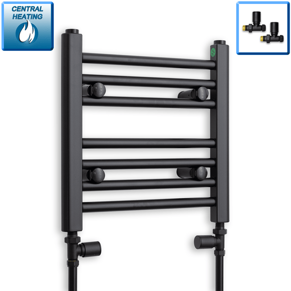 With Straight Valve 400mm Wide 400mm High Flat Black Heated Towel Rail Radiator