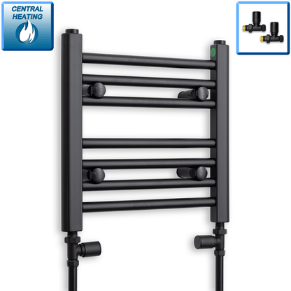 With Straight Valve 400mm Wide 400mm High Flat Black Heated Towel Rail Radiator