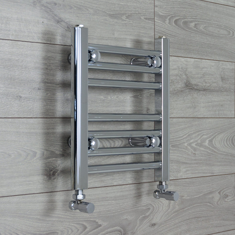 With Angled Valve 400mm Wide 400mm High Flat Chrome Towel Rail Radiator HTR