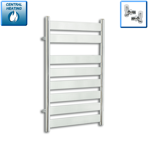 With Angled Valve 500 W x 800 H Heated Flat Panel Design Towel Rail Chrome