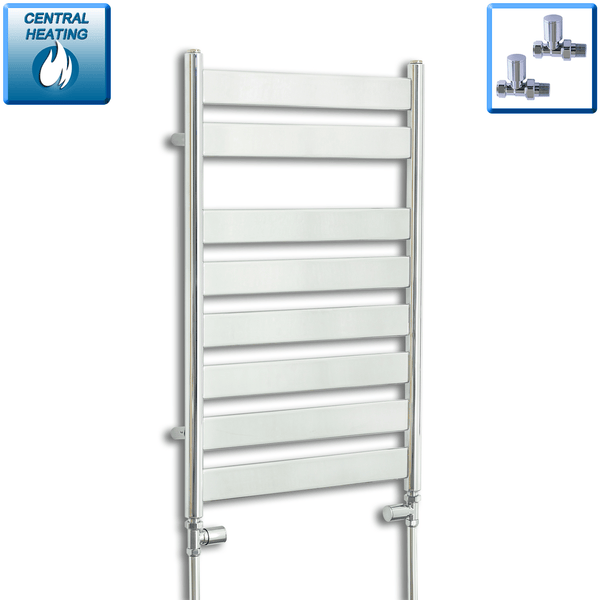 With Straight Valve 500 W x 800 H Heated Flat Panel Design Towel Rail Chrome