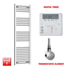 Thermostatic Element + Digital Timer 500 x 1400 Flat Chrome Electric Towel Rail Pre-Filled HTR
