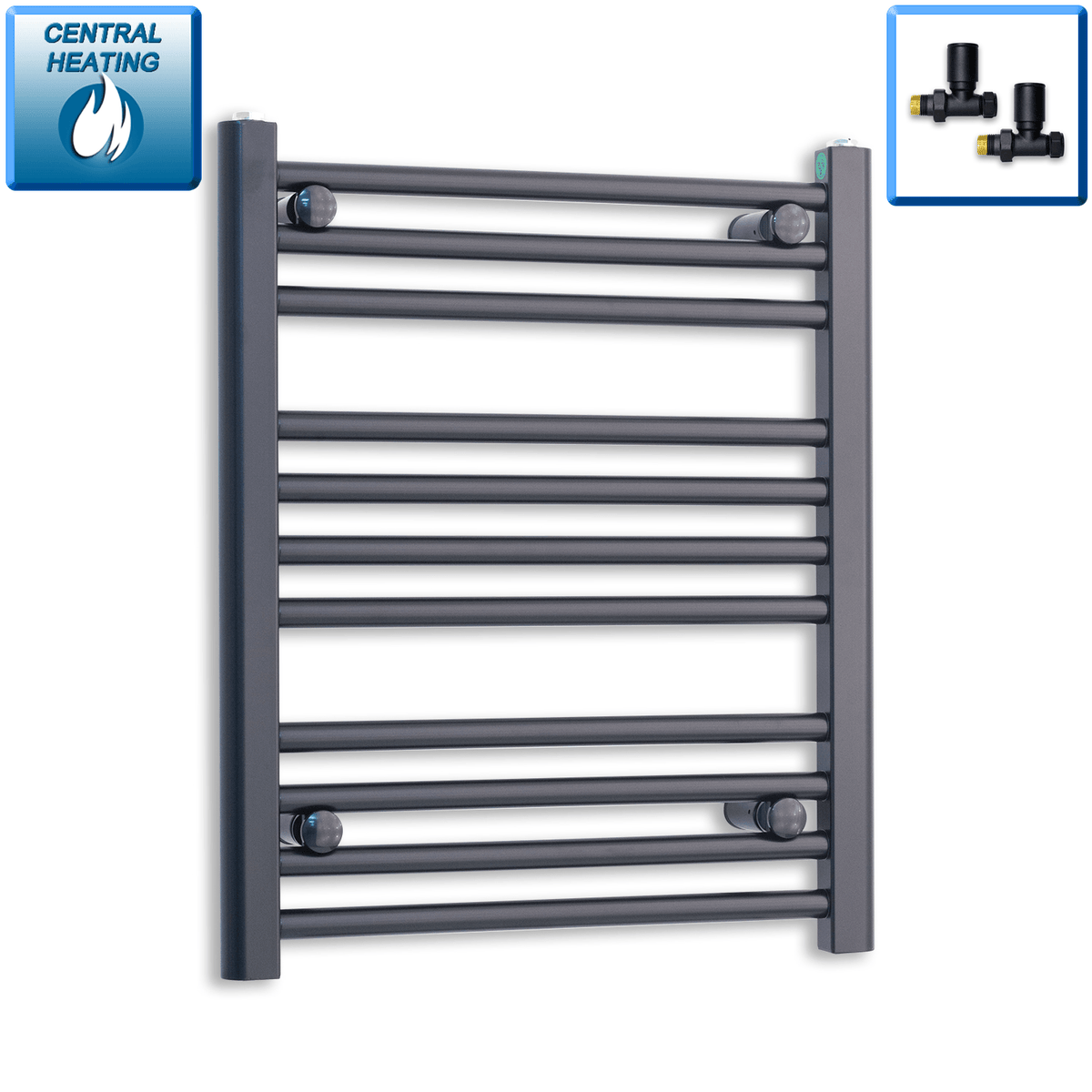With Straight Valve 500 x 600 Flat Black Heated Towel Rail Radiator HTR