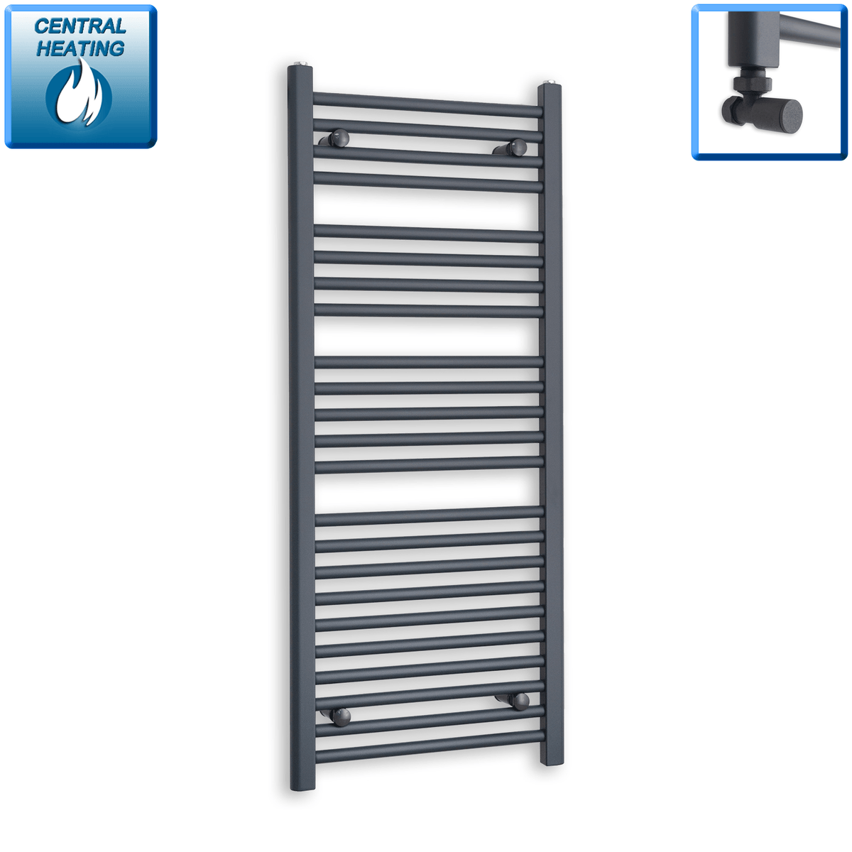 With Angled Valve 500mm Wide 1200mm High Flat Anthracite Heated Towel Rail