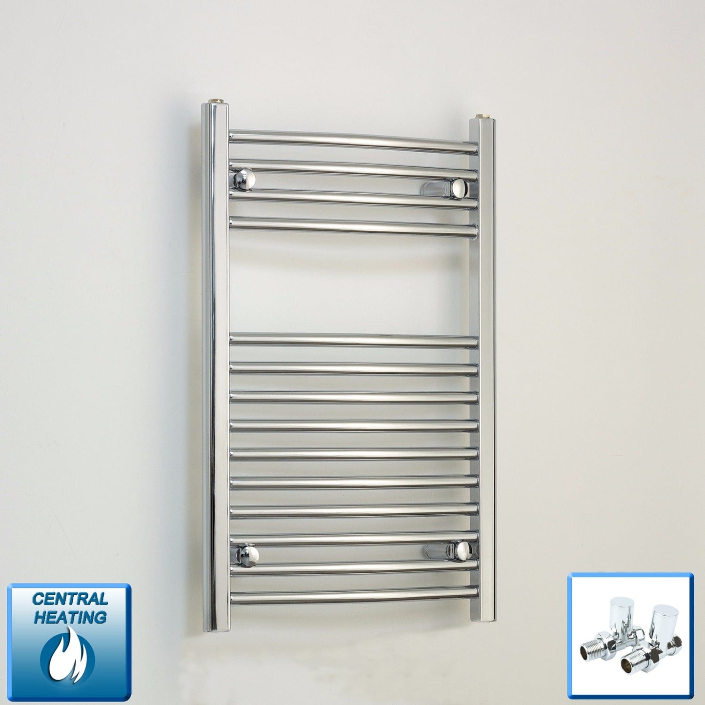 With Straight Valve 500mm Wide 800mm High Curved Chrome Heated Towel Rail