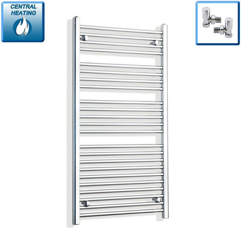 With Angled Valves 550mm Wide 1200mm High Flat Chrome Heated Towel Rail Radiator HTR