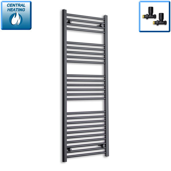 With Straight Valve 550mm Wide 1400mm High Flat Black Heated Towel Rail Radiator