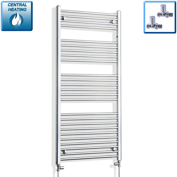 With Straight Inline Valves 600 mm Wide x 1400 mm High Flat Chrome Towel Rail Radiator