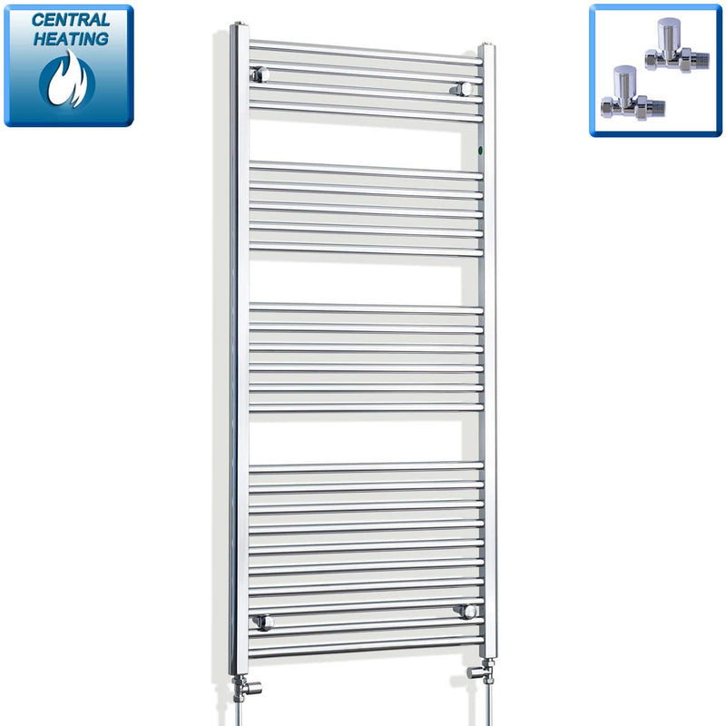 With Straight Inline Valves 600 mm Wide x 1400 mm High Flat Chrome Towel Rail Radiator