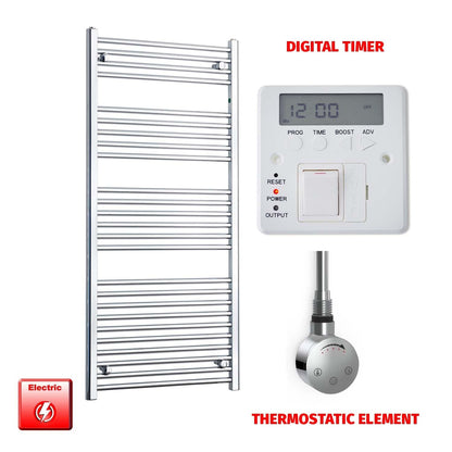 Thermostatic Element + Digital Timer 600 x 1400 Flat Chrome Pre-Filled Electric Heated Towel Rail