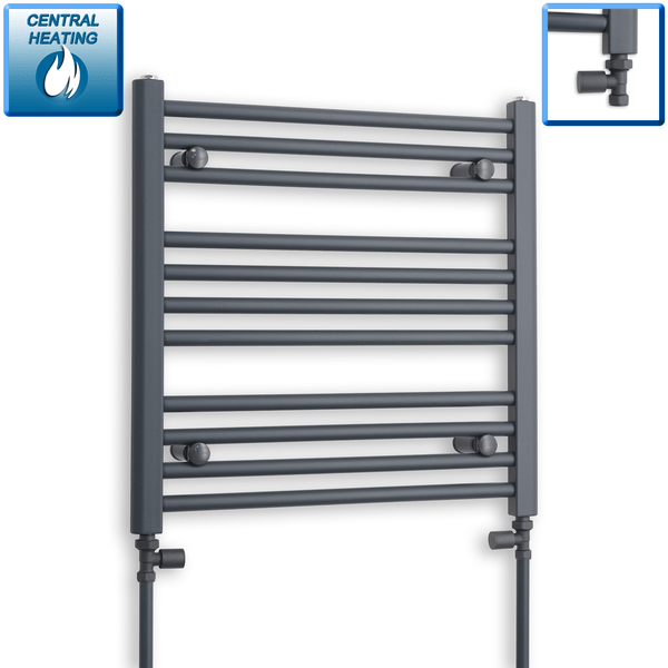 With Straight Valve 600 x 600 Flat Anthracite Sand Grey Heated Towel Rail