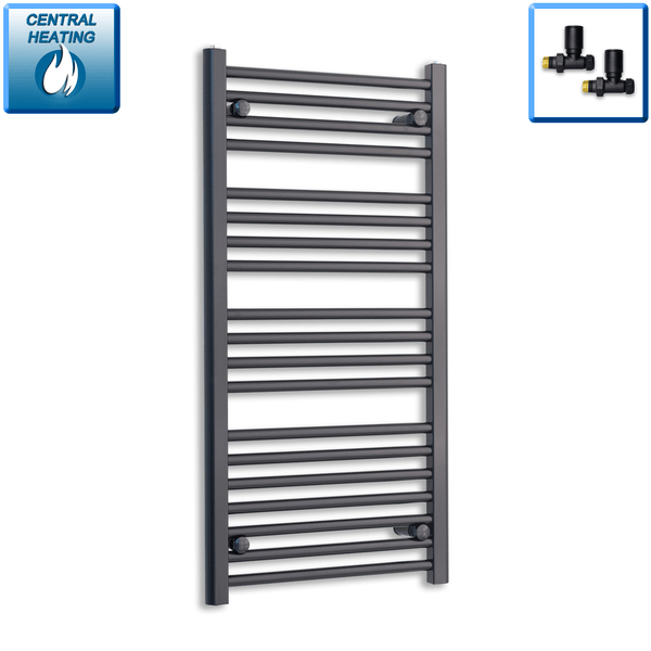 With Angled Valve 600 x 800mm High Flat Black Heated Towel Rail Radiator HTR