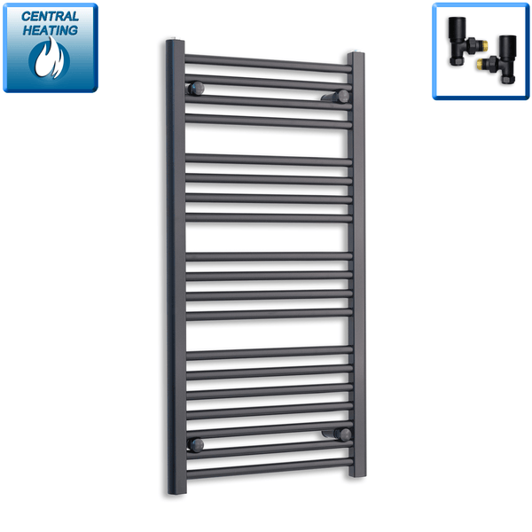 With Straight Valve 600 x 800mm High Flat Black Heated Towel Rail Radiator HTR