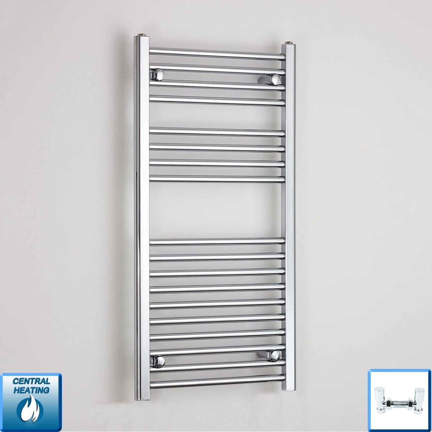 With Angled Valve 600mm Wide 1000mm High Curved Chrome Heated Towel Radiator