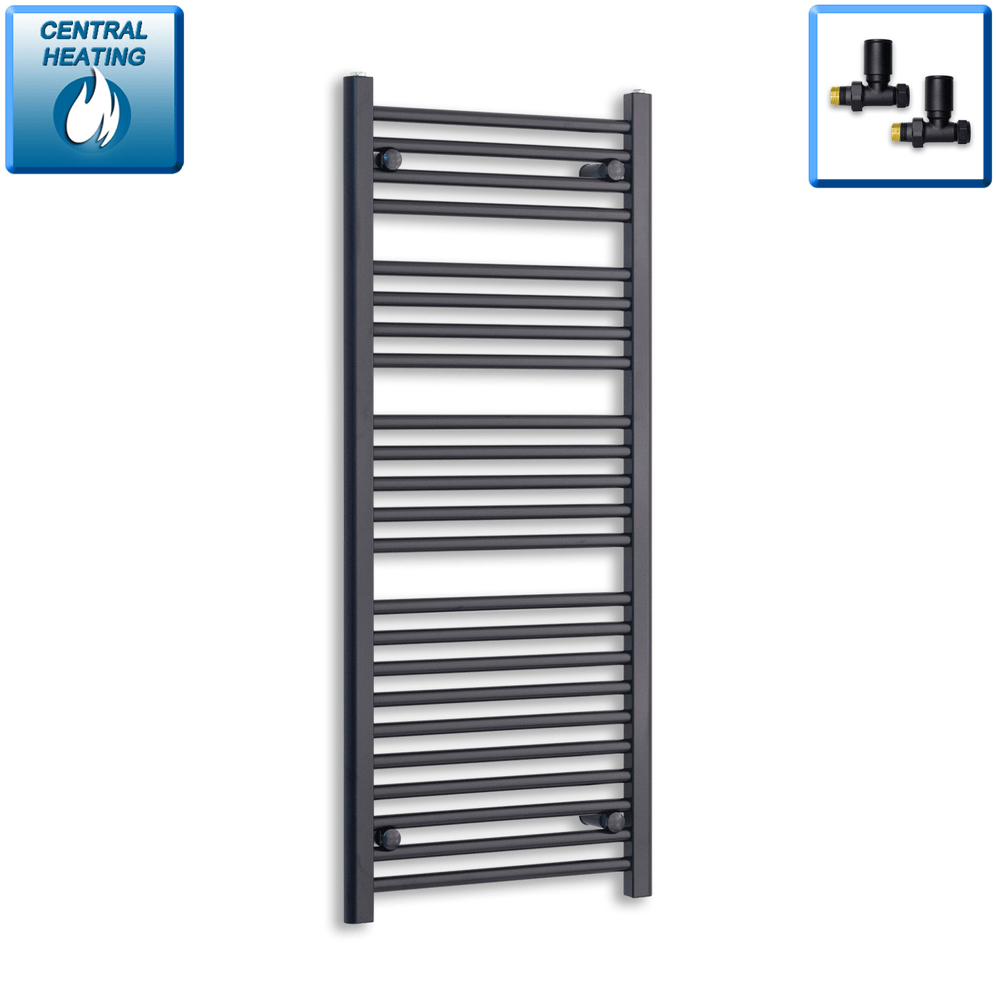 With Straight Valve 600mm Wide 1200mm High Flat Black Heated Towel Rail Radiator
