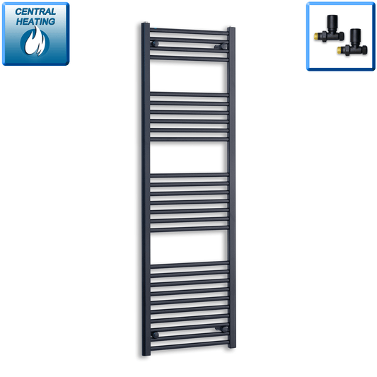 With Straight Valve 600mm Wide 1600mm High Flat Black Heated Towel Rail
