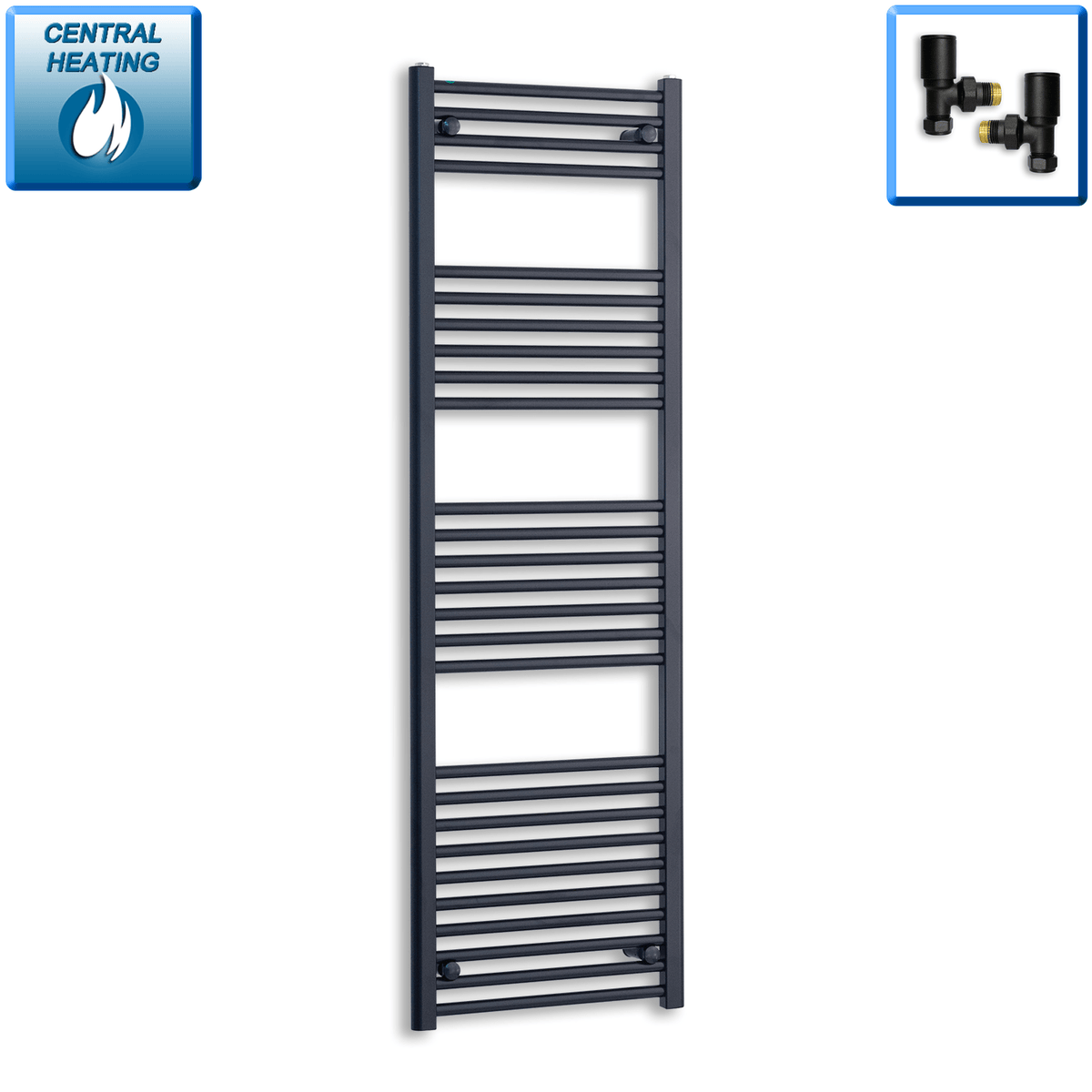 With Angled Valve 600mm Wide 1600mm High Flat Black Heated Towel Rail