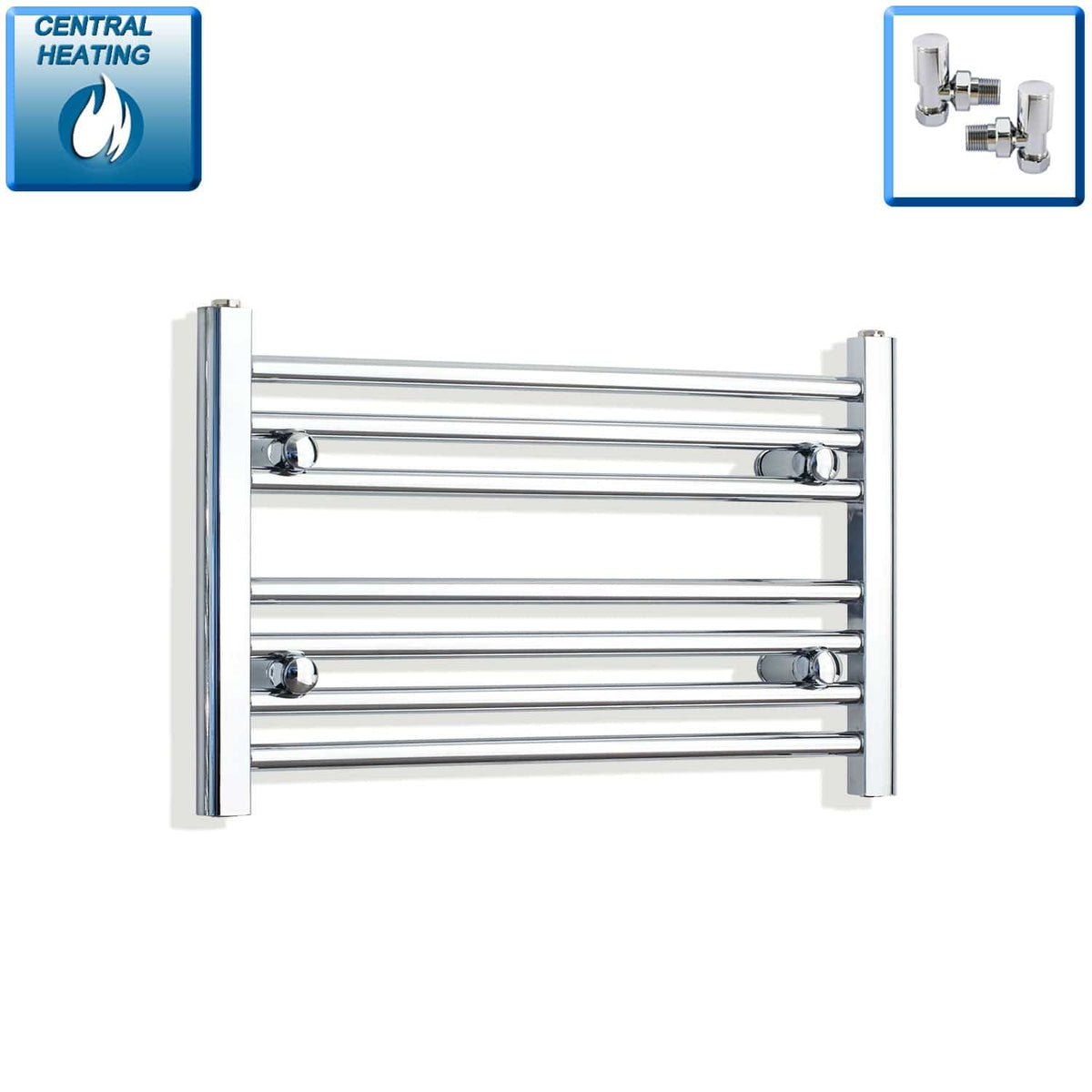 With Angled Valve 600mm Wide 400mm High Flat Chrome Heated Towel Rail Radiator