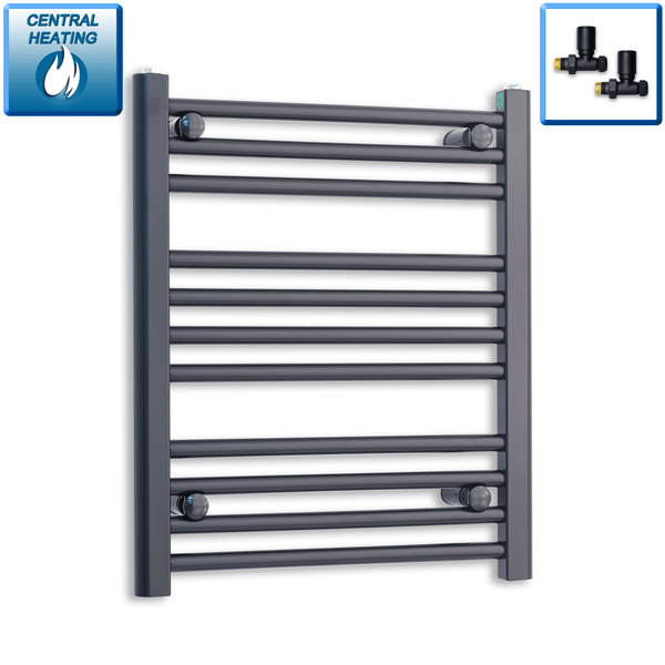 With Straight Valve 600mm Wide 600mm High Flat Black Heated Towel Rail Radiator