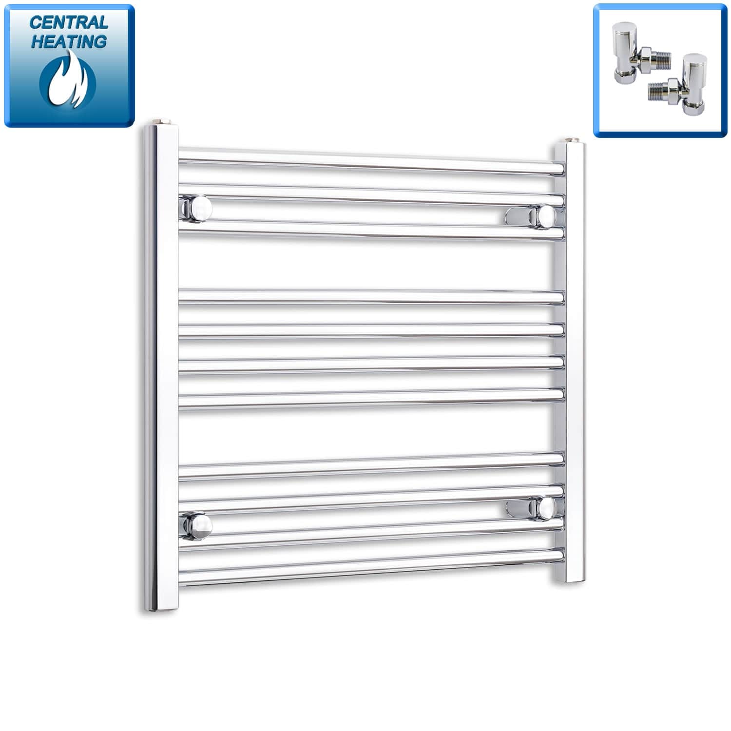 With Angled Valve 600mm Wide 600mm High Flat Chrome Heated Towel Rail Radiator HTR