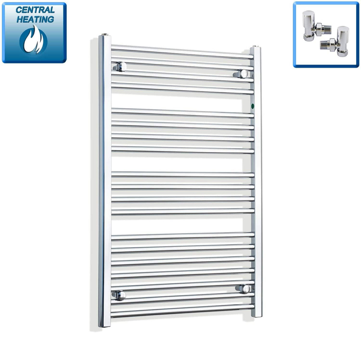 With Angled Valve 650mm Wide 1000mm High Flat Chrome Heated Towel Rail