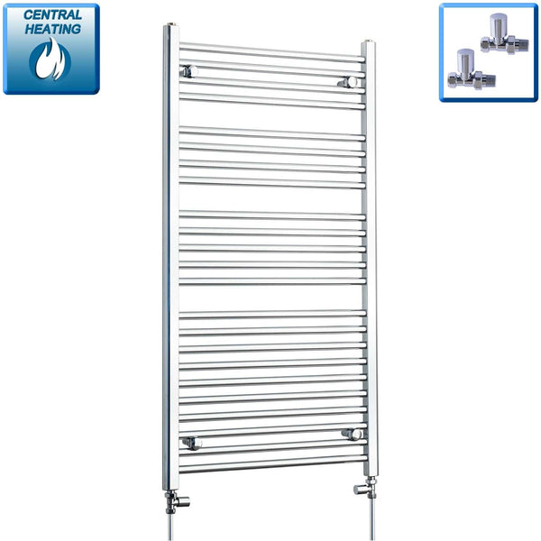 With Straight Valve 650mm Wide 1200mm High Flat Chrome Heated Towel Rail