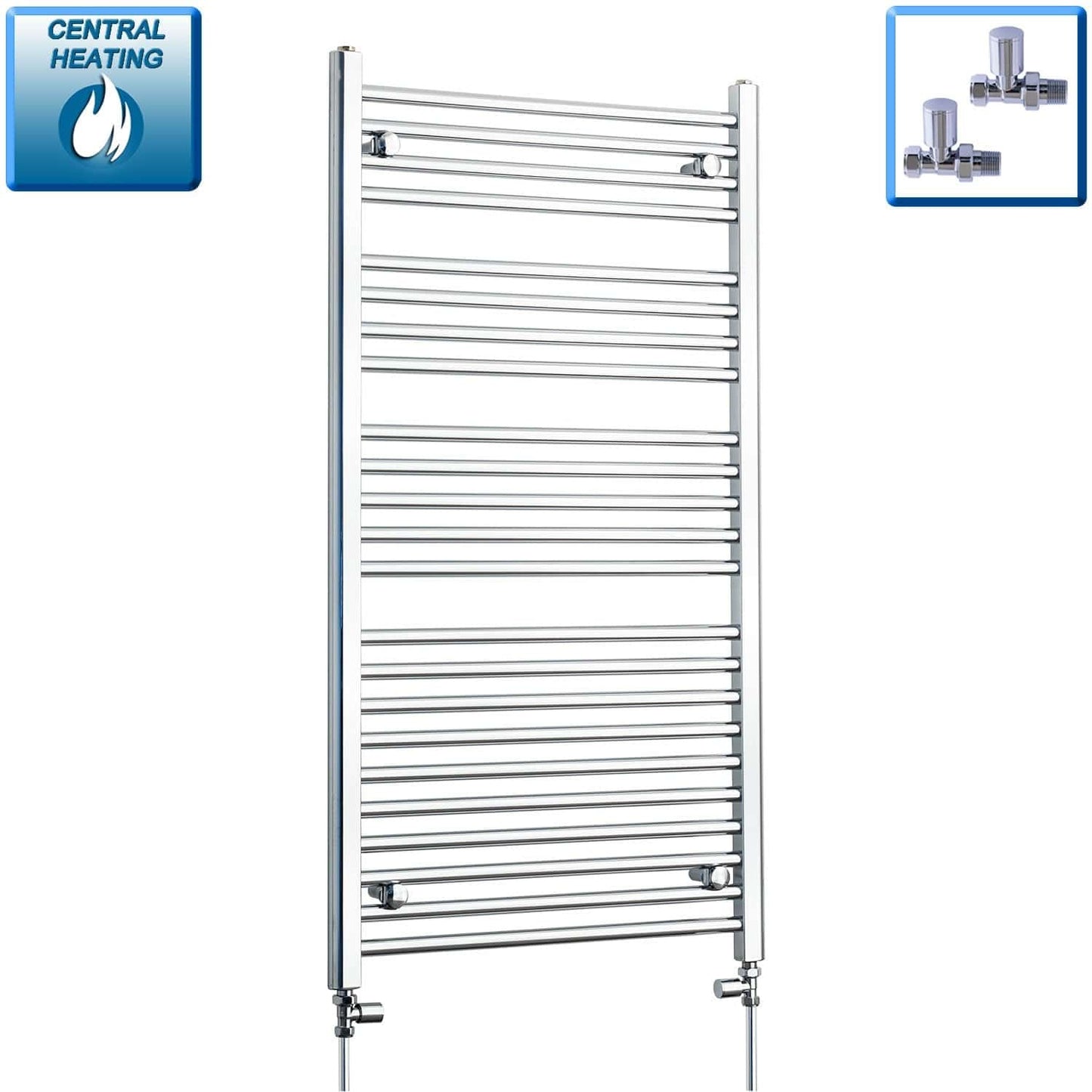 With Straight Valve 650mm Wide 1200mm High Flat Chrome Heated Towel Rail