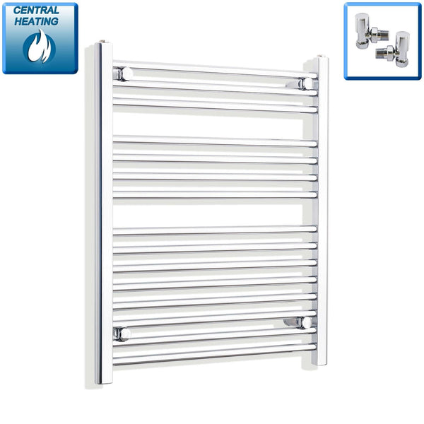 With Angled Valve 650mm Wide 800mm High Flat Chrome Heated Towel Rail Radiator