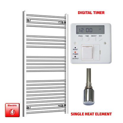 Single Heat Element + Digital Timer 750 x 1200 Pre-Filled Electric Towel Radiator Flat Chrome