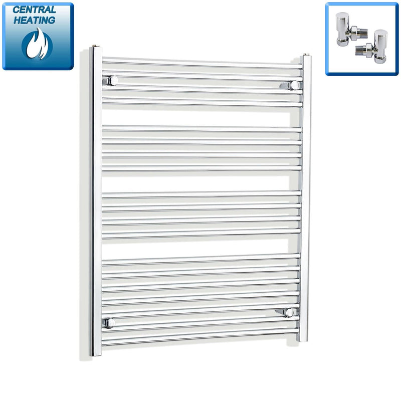 With Angled Valve 750mm Wide 1000mm High Curved Chrome Heated Towel Rail
