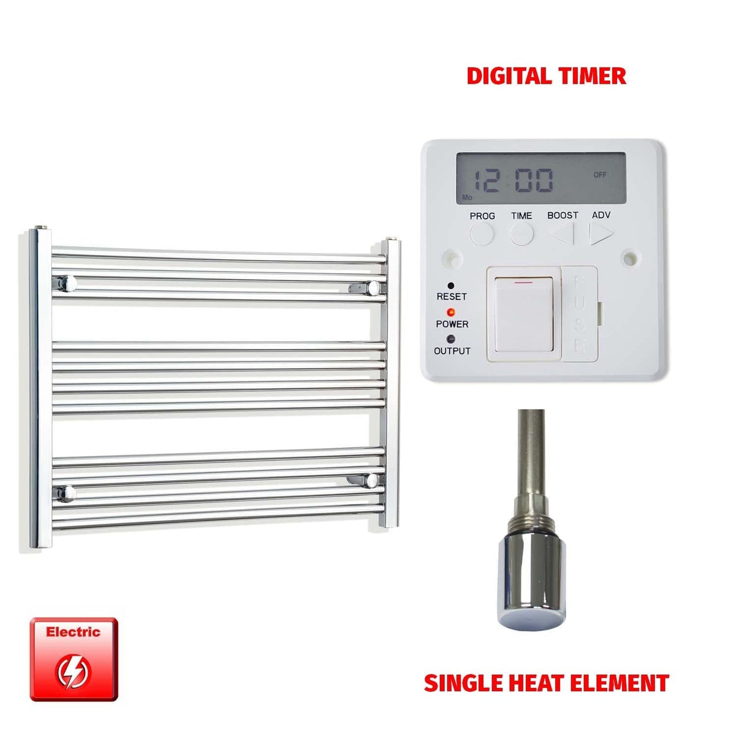 Single Heat Element + Digital Timer 800 x 600 Flat Chrome Pre-Filled Electric Heated Towel Rail