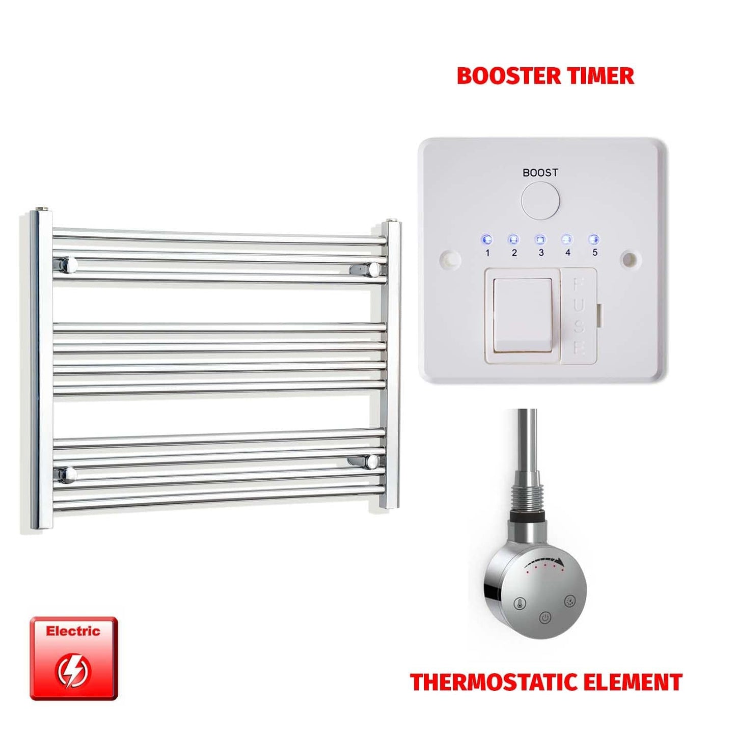 Thermostatic Element + Booster Timer 800 x 600 Flat Chrome Pre-Filled Electric Heated Towel Rail