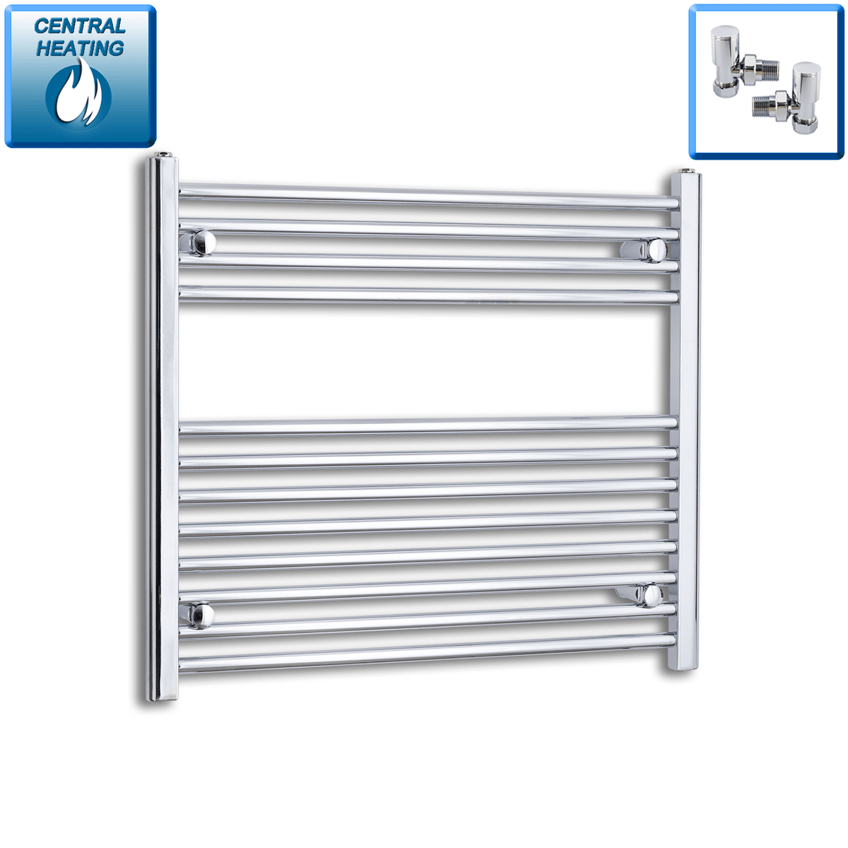 With Angled Valve 800mm Wide 700mm High Flat Chrome Heated Towel Rail Radiator
