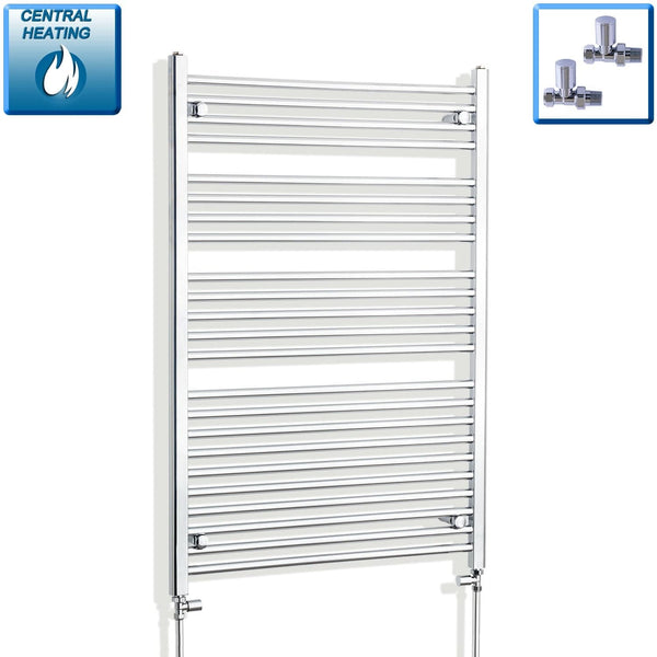 With Straight Valve 900mm Wide 1200mm High Flat Chrome Heated Towel Radiator