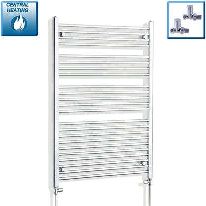 With Straight Valve 900mm Wide 1200mm High Flat Chrome Heated Towel Radiator