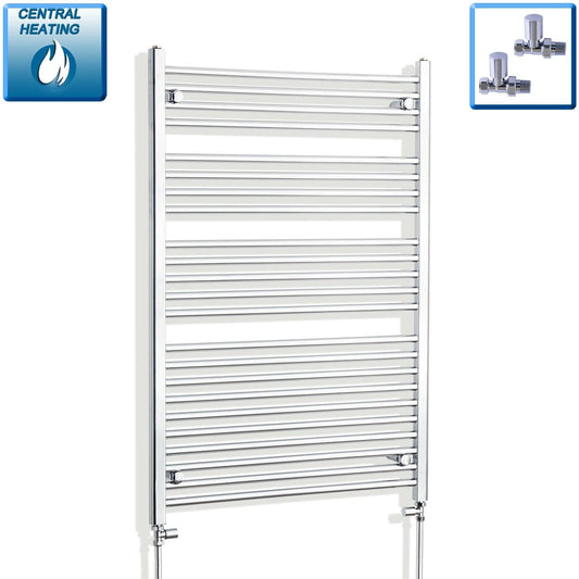 With Straight Valve 900mm Wide 1200mm High Flat Chrome Heated Towel Radiator