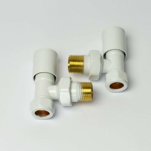 Angled White Towel Rail Radiator Valve in Pair
