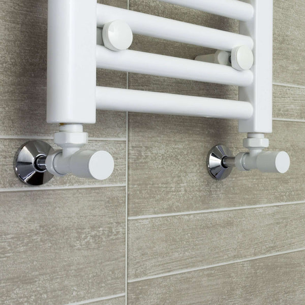 Angled White Towel Rail Radiator Valve in Pair