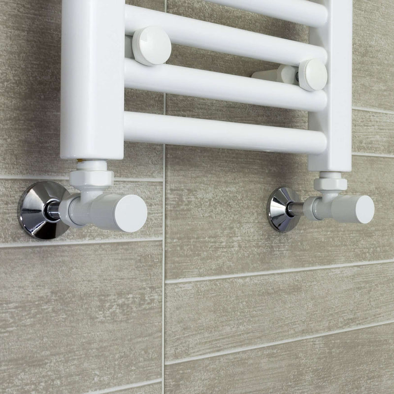 Angled White Towel Rail Radiator Valve in Pair