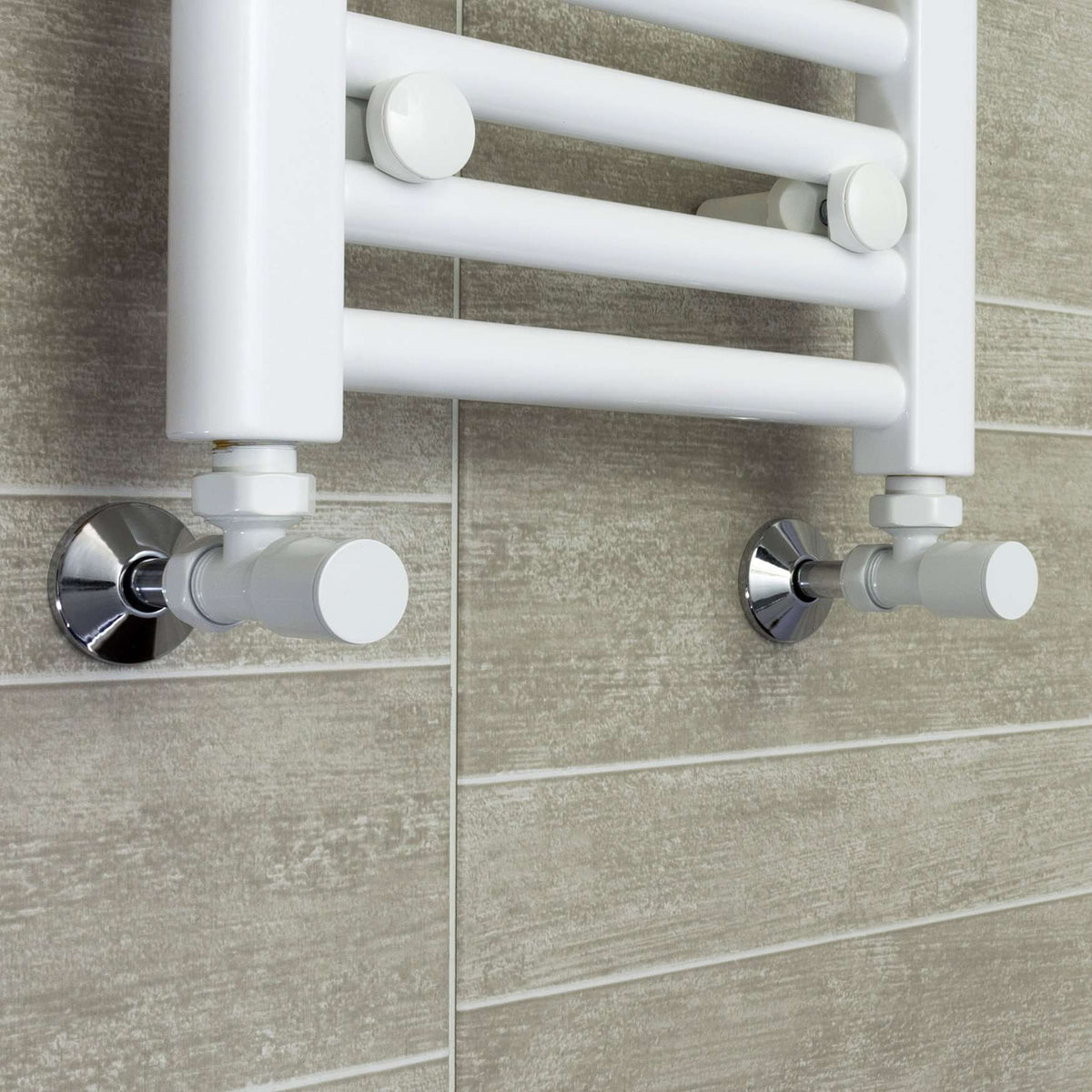Angled White Towel Rail Radiator Valve in Pair