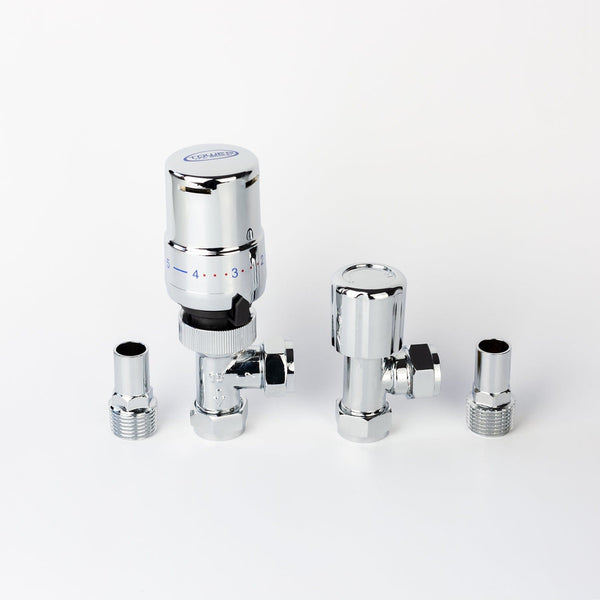 Chrome TRV Angled Valve For Heated Towel Rail Radiator With Lockshield