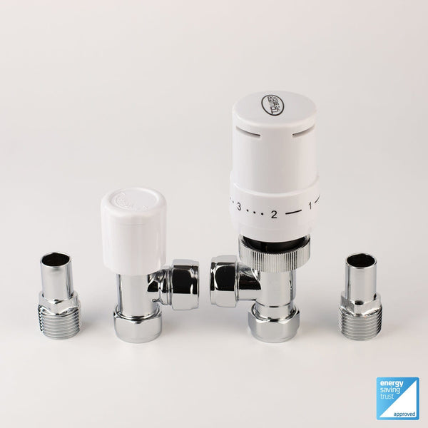 White TRV Angled Valve For Heated Towel Rail Radiator With Lockshield