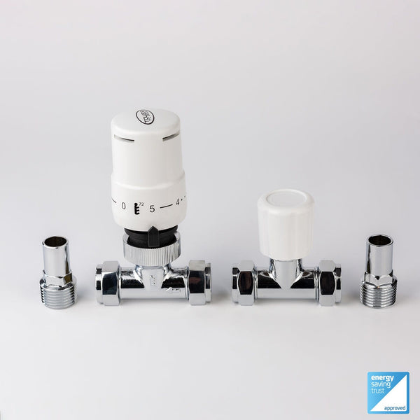White TRV Straight Valve For Heated Towel Rail Radiator With Lockshield